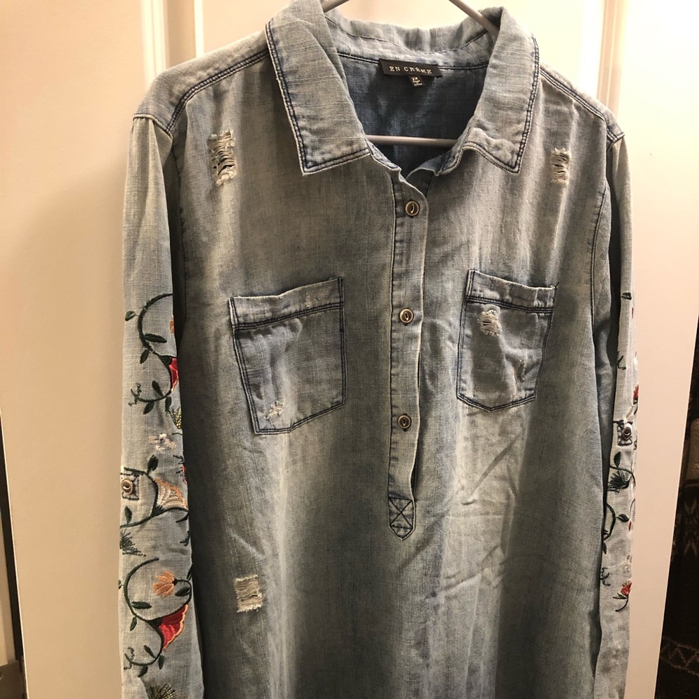 2X En Creme Embroidered Denim Tunic Dress